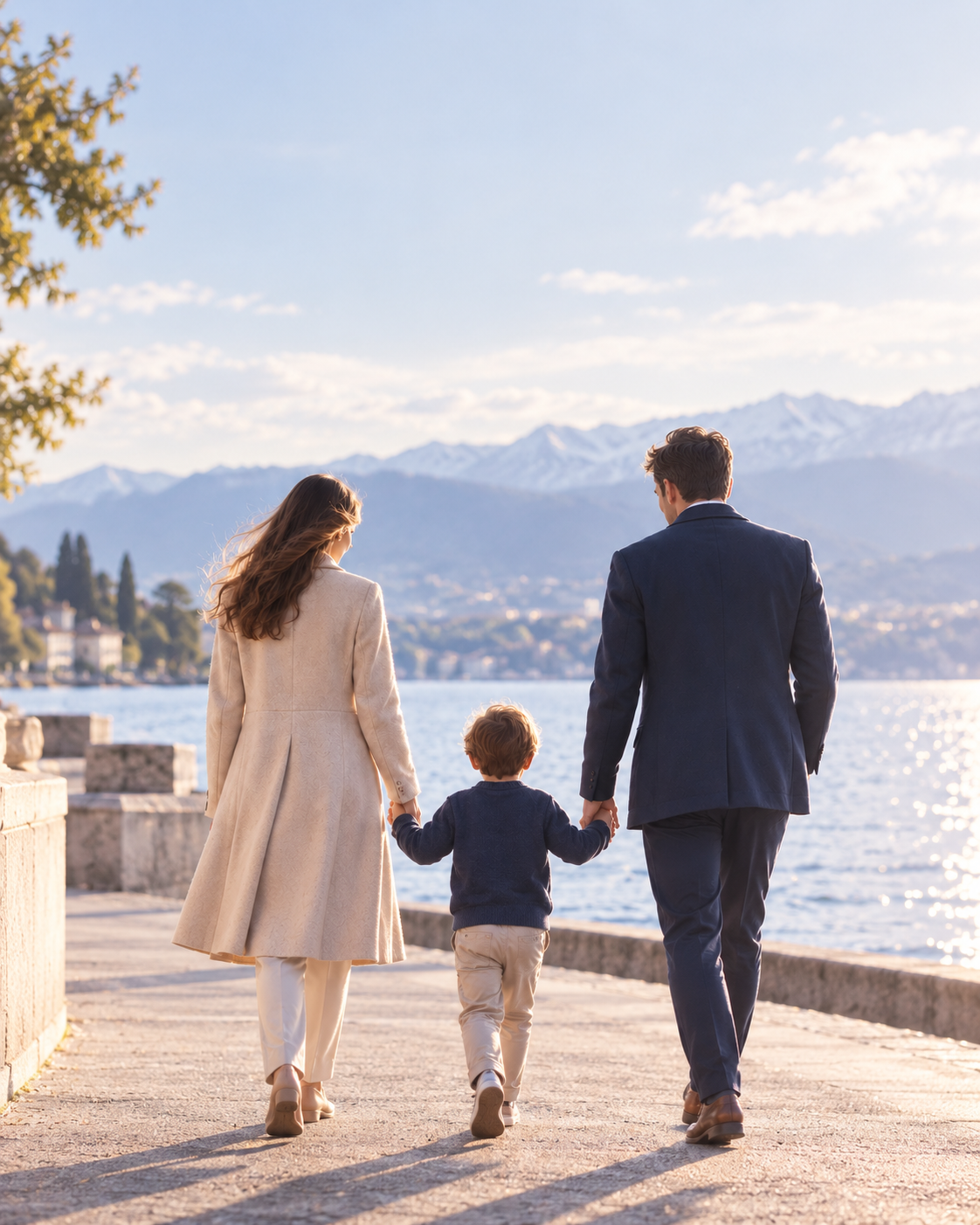 Une famille marchant au bord du lac